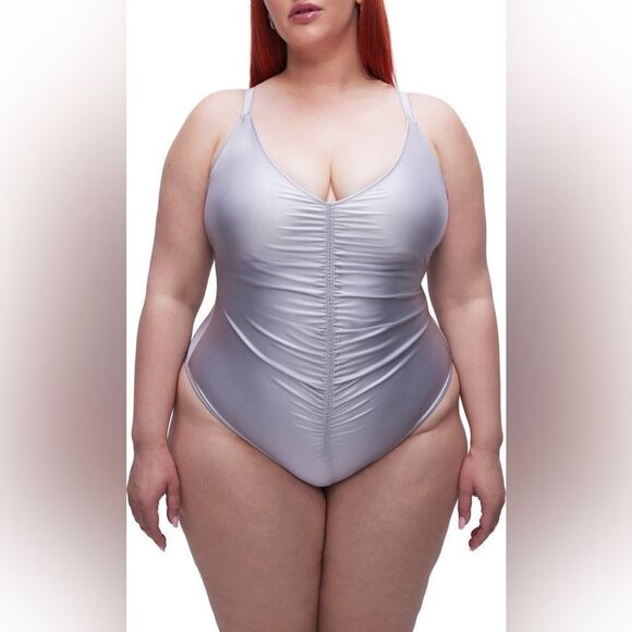 GOOD AMERICAN Silver Satin One Piece‎ Swimsuit Always Ruched Size 7 4X 4XL New - Picture 3 of 13